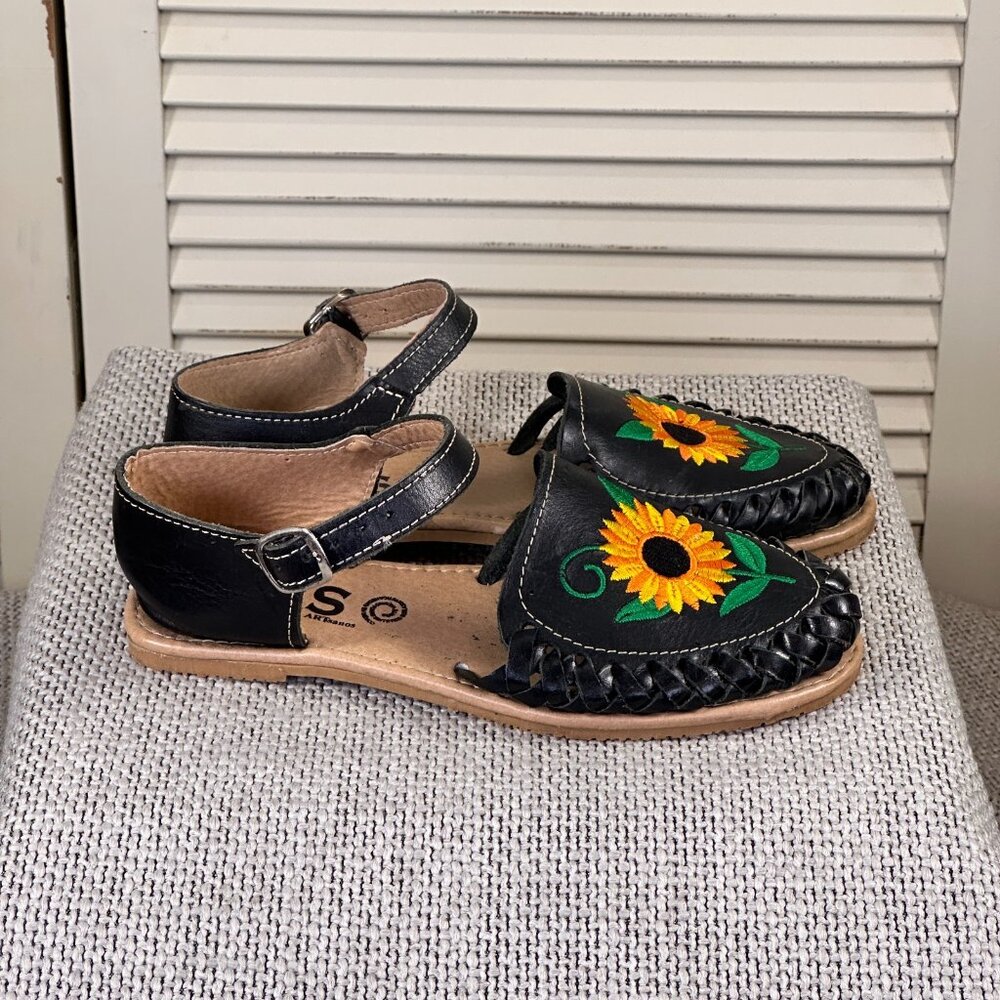 JVS Artisanal Women's Sunflower Black Leather Mexican Made Huarache Size 6.5 US - Picture 7 of 8